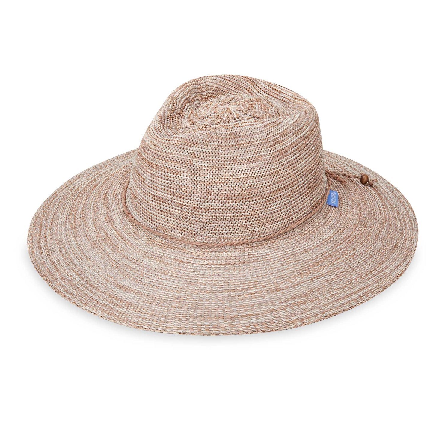 Front of women's Victoria Fedora Diva poly-straw packable hat for travel, Mixed Camel