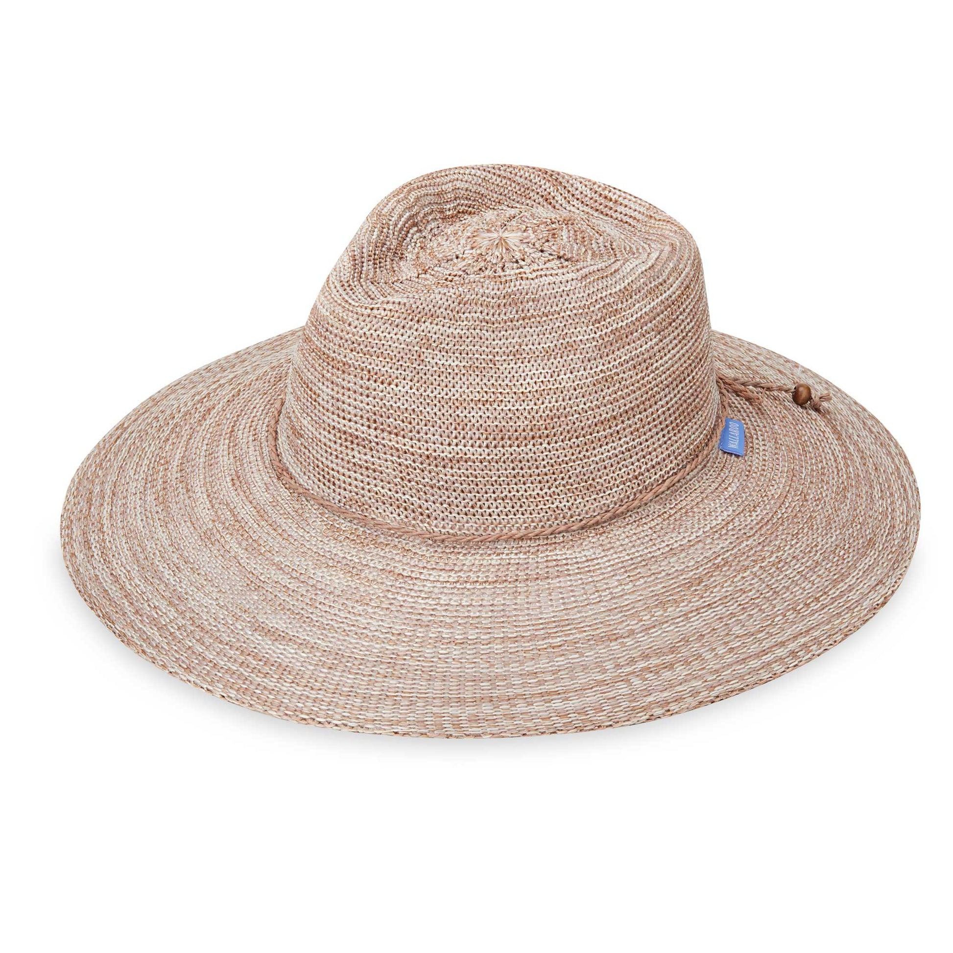 Front of women's Victoria Fedora Diva poly-straw packable hat for travel, Mixed Camel