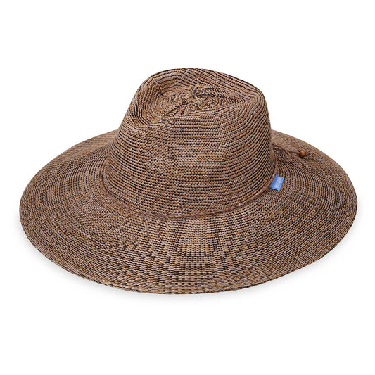 Front of women's Victoria Fedora Diva poly-straw packable hat for travel, Suede