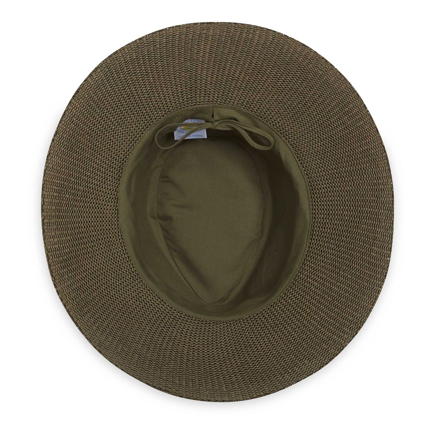 Inside of women's Victoria Fedora poly-straw packable hat for travel, Olive