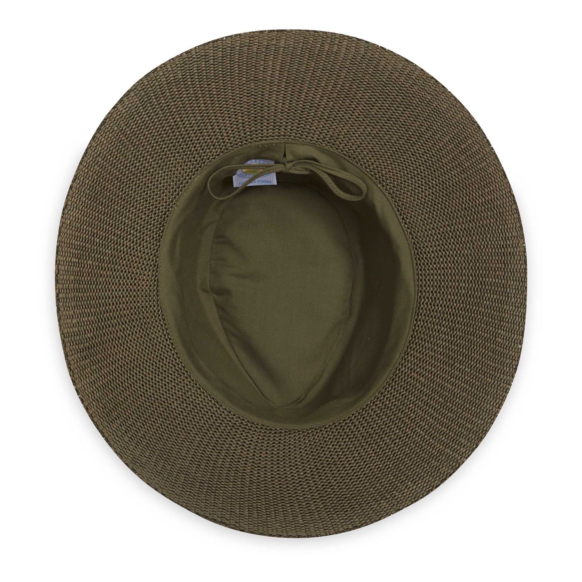 Inside of women's Victoria Fedora poly-straw packable hat for travel, Olive