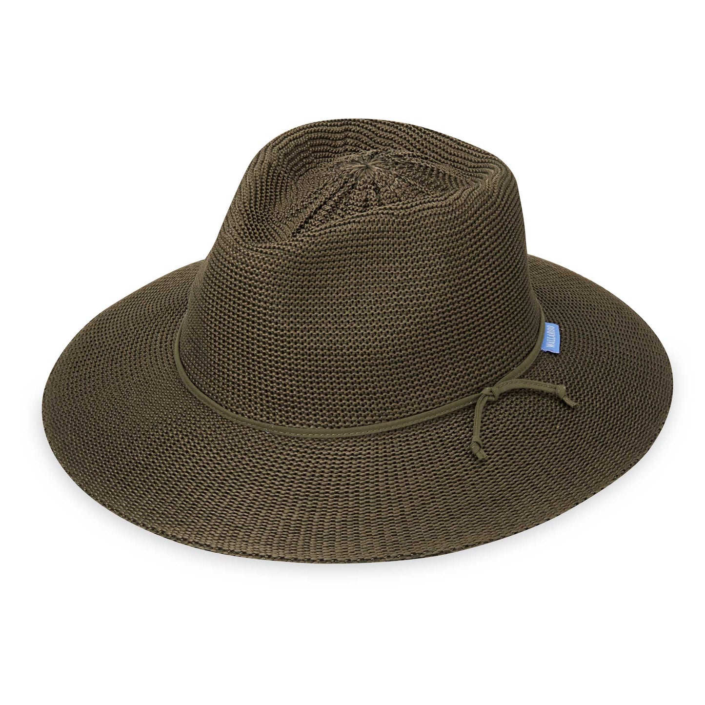 Front of women's Victoria Fedora poly-straw packable hat for travel, Olive