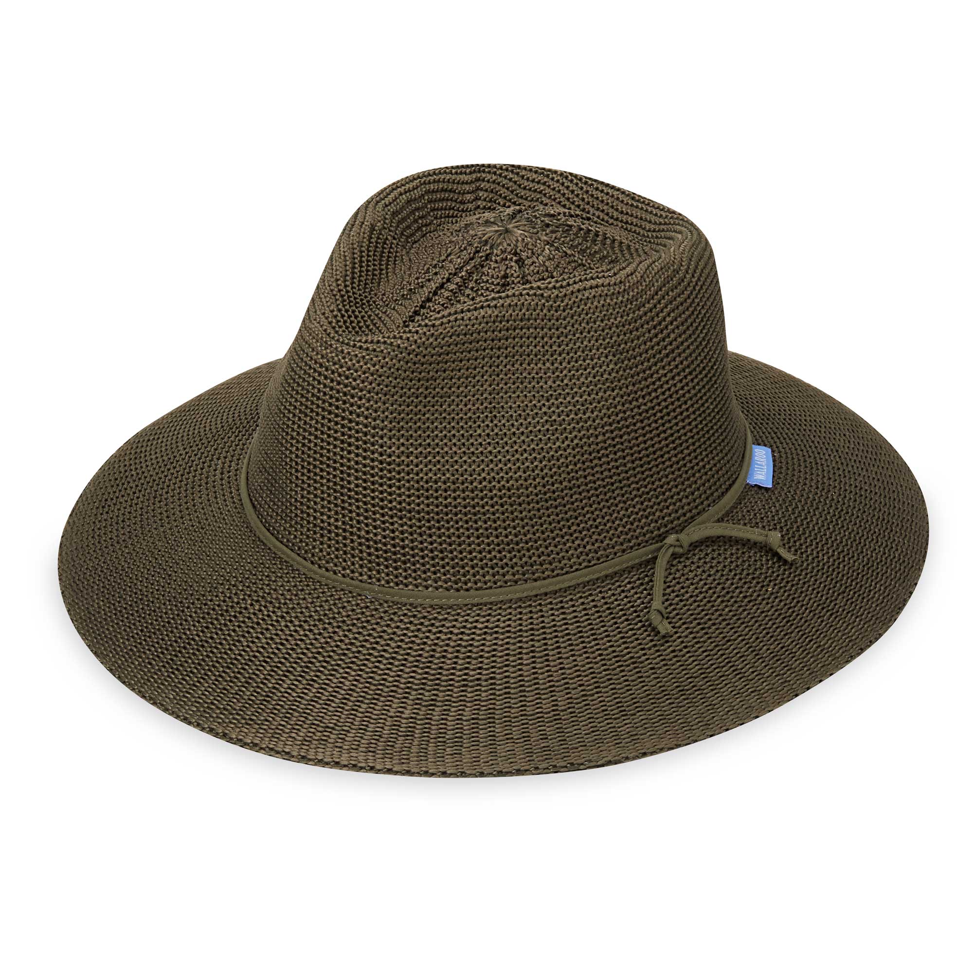 Front of women's Victoria Fedora poly-straw packable hat for travel, Olive