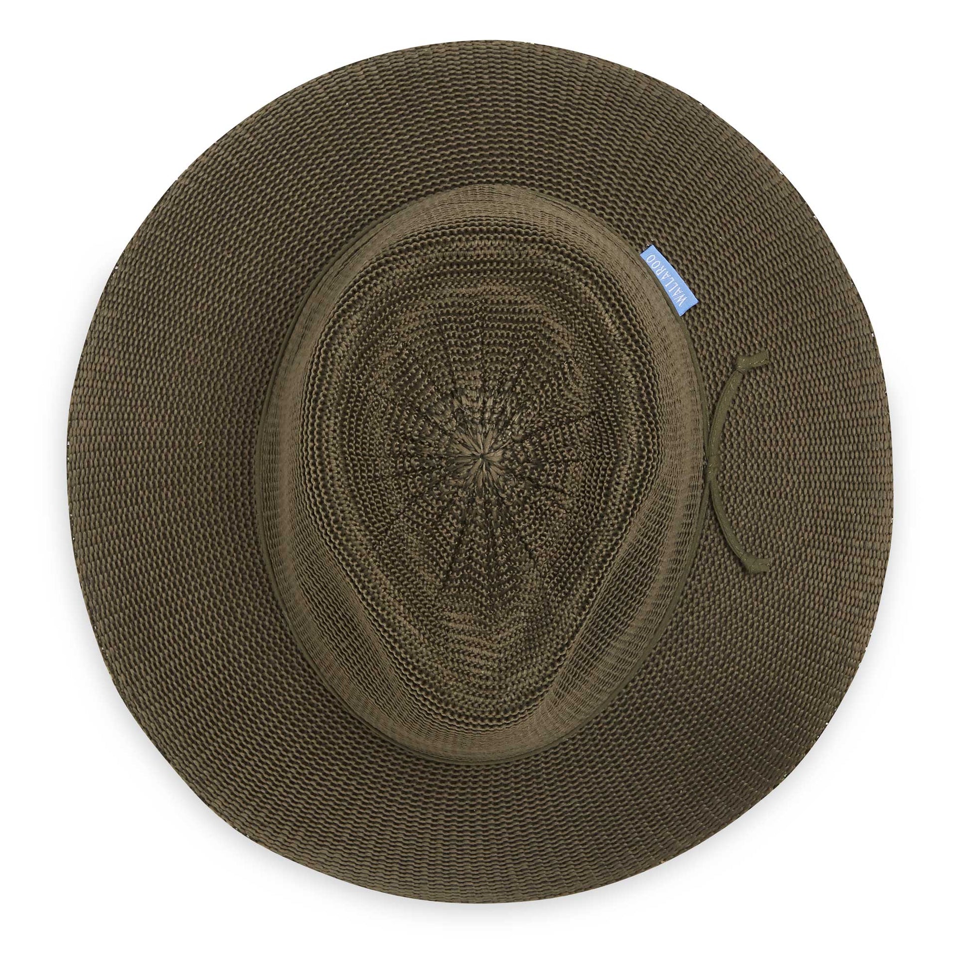 Top of women's Victoria Fedora poly-straw packable hat for travel, Olive