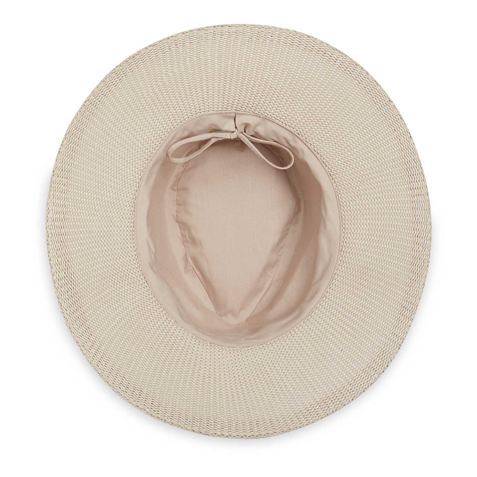 Inside of women's Victoria Fedora Diva poly-straw packable hat for travel, Stone
