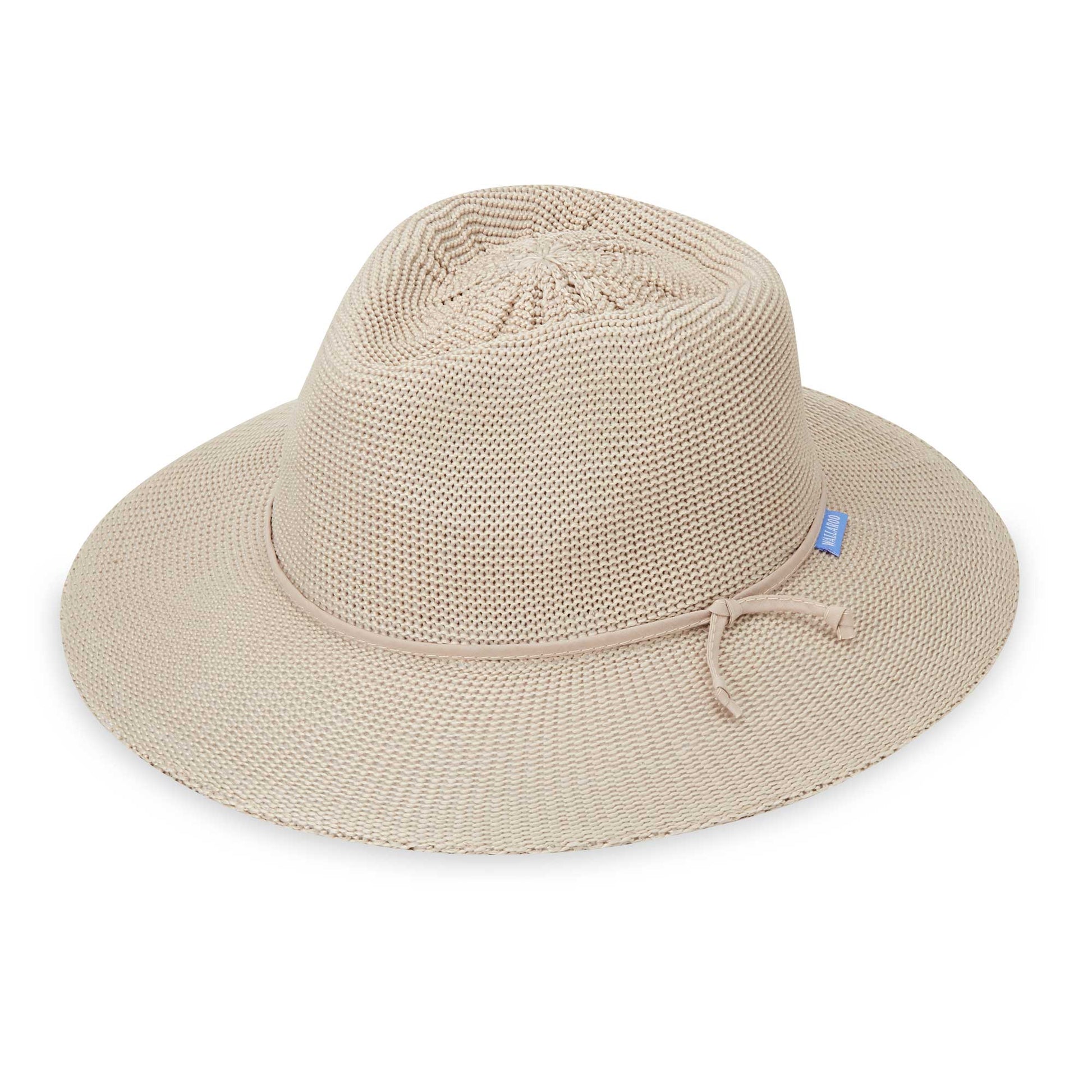 Front of women's Victoria Fedora poly-straw packable hat for travel, Stone