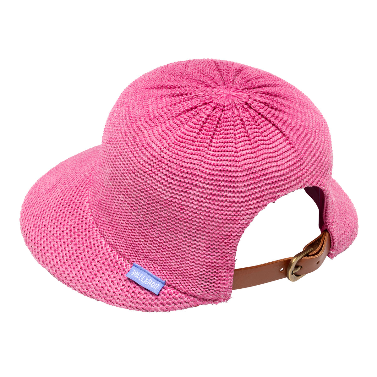 Back view of the Victoria Cap ponytail sun hat in hot pink with a curved brim, brown adjustable strap, and a small blue brand tag, shown on a white background.