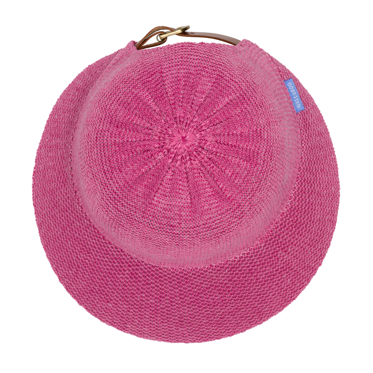 Top view of the Victoria Cap ponytail sun hat with a curved brim in hot pink, brown adjustable strap, and a small blue brand tag, shown on a white background.