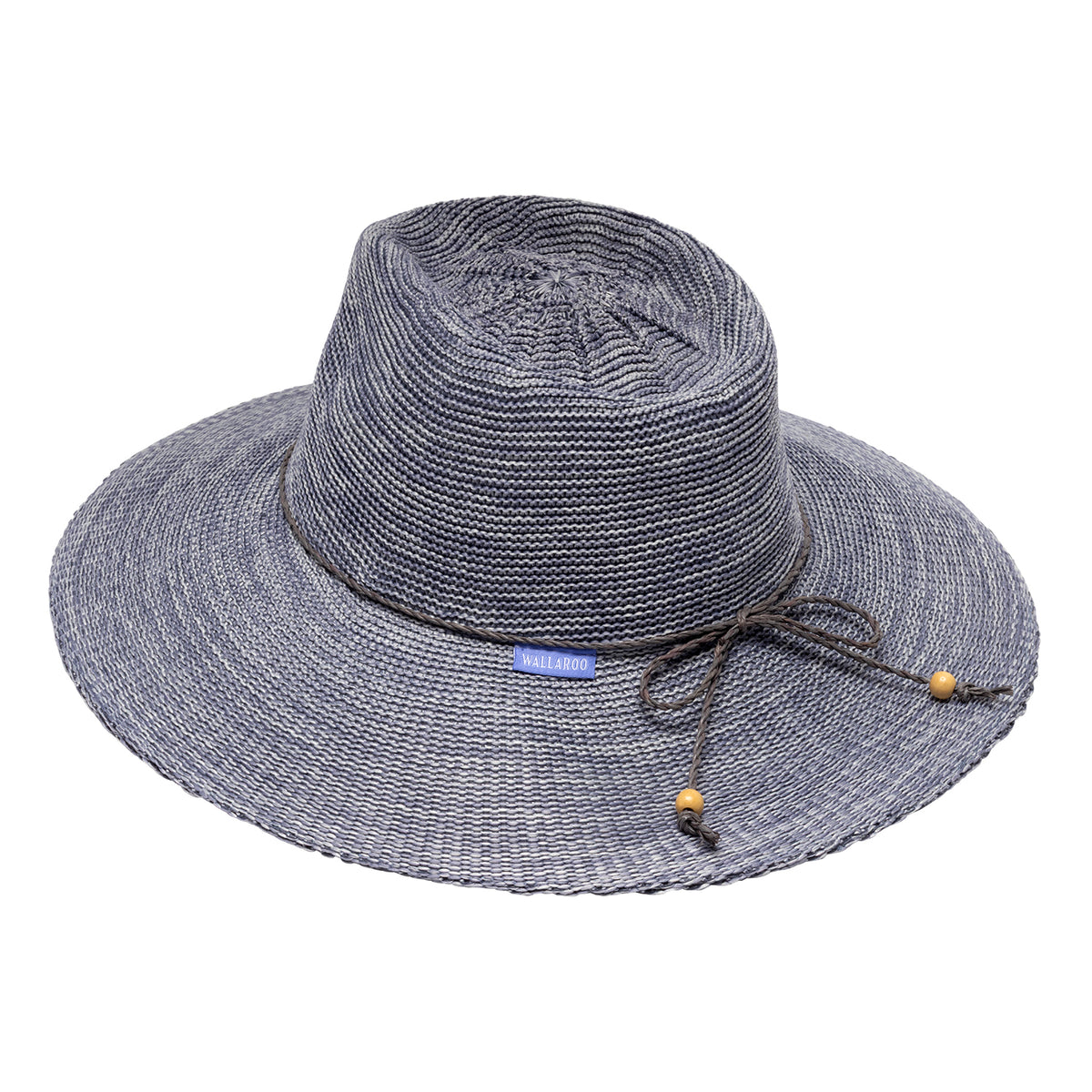 Back view of the Wallaroo Victoria Fedora Diva UPF 50+ packable sun hat in storm blue, displaying its wide brim and braided trim with wooden bead against a plain white background.
