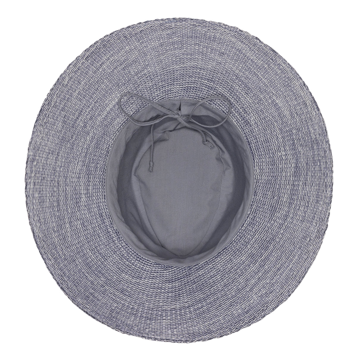 Inside view of the Wallaroo Victoria Fedora Diva UPF 50+ packable sun hat in storm blue, displaying its lining against a plain white background.