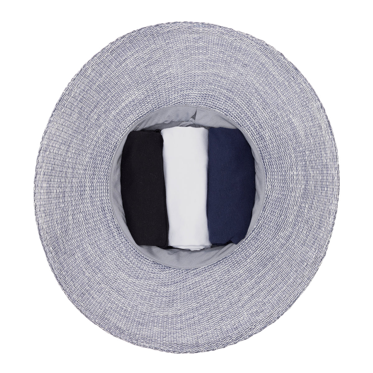 Stuff it packing view of the Wallaroo Victoria Fedora Diva UPF 50+ packable sun hat in storm blue, against a plain white background.