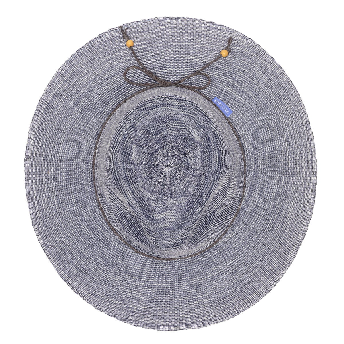 Top view of the Wallaroo Victoria Fedora Diva UPF 50+ packable sun hat in storm blue, displaying its wide brim and braided trim with wooden bead against a plain white background.