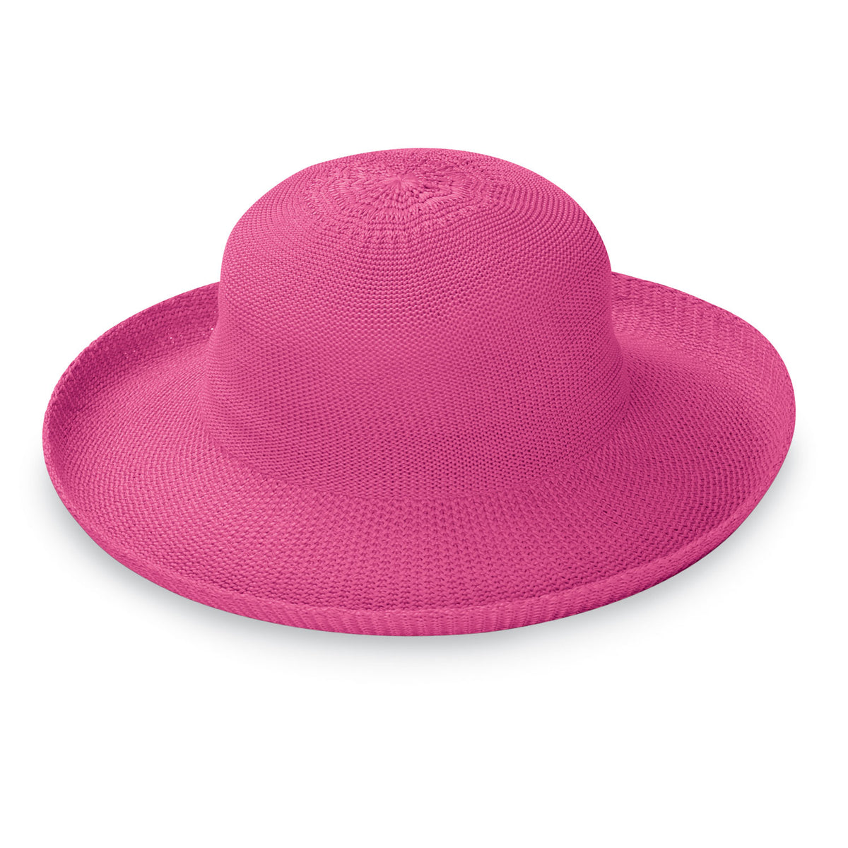 Front-facing view of the Wallaroo Victoria UPF sun hat in hot pink, displaying its rounded crown and wide brim against a plain white background.