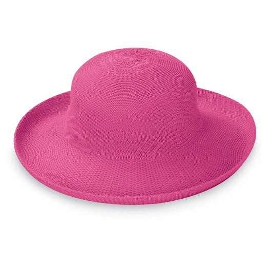 Front-facing view of the Wallaroo Victoria UPF sun hat in hot pink, displaying its rounded crown and wide brim against a plain white background.