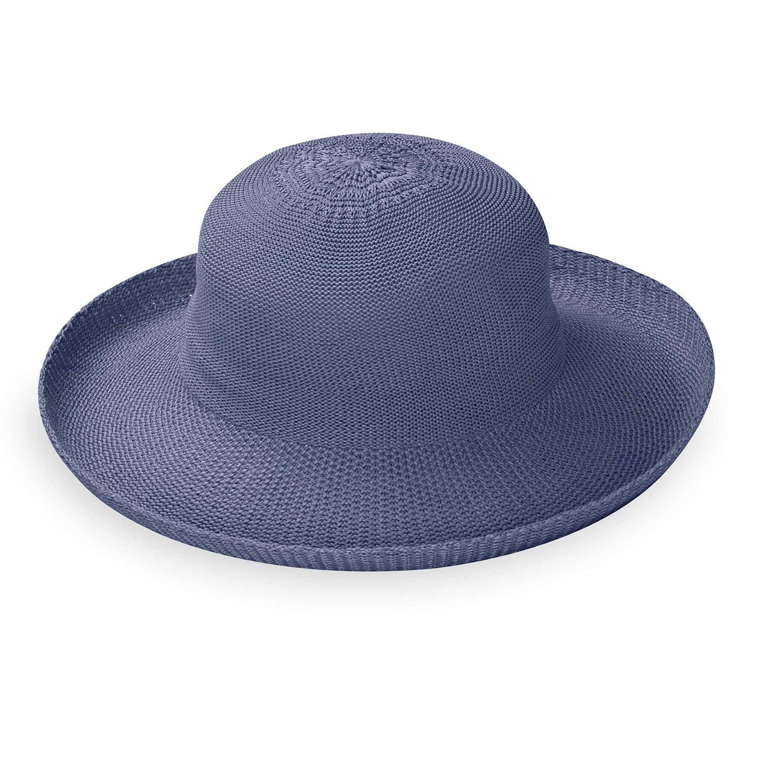 women's victoria poly straw Dusty Blue sun hat by wallaroo with upturned brim