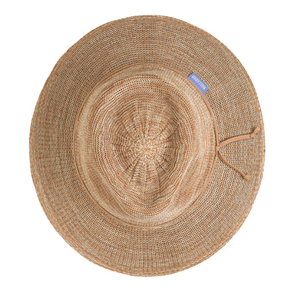 Top view of Women's Victoria Fedora packable UPF 50+ hat in Mixed Camel.