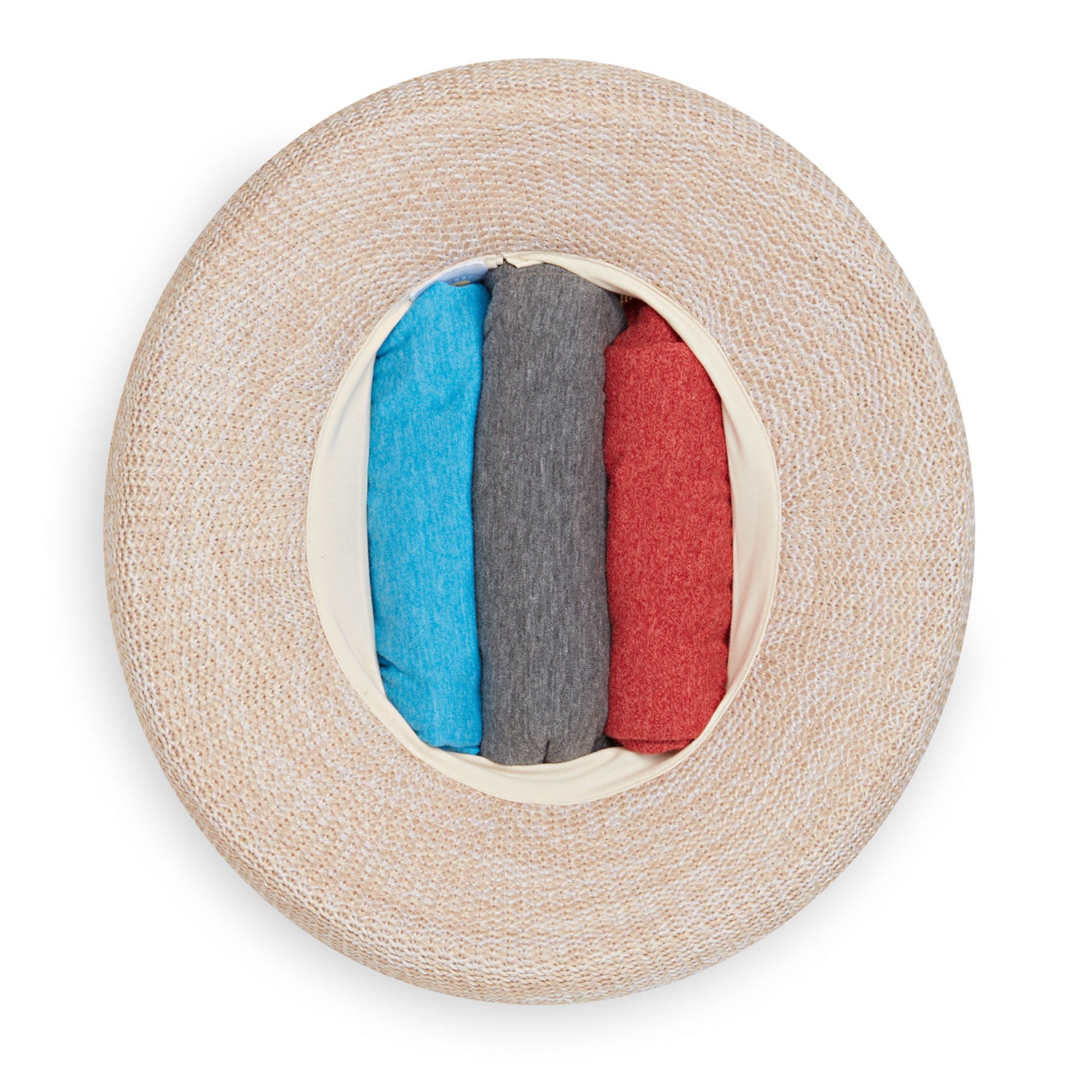 Packing view of Women's Victoria poly-straw hat in mixed beige color.