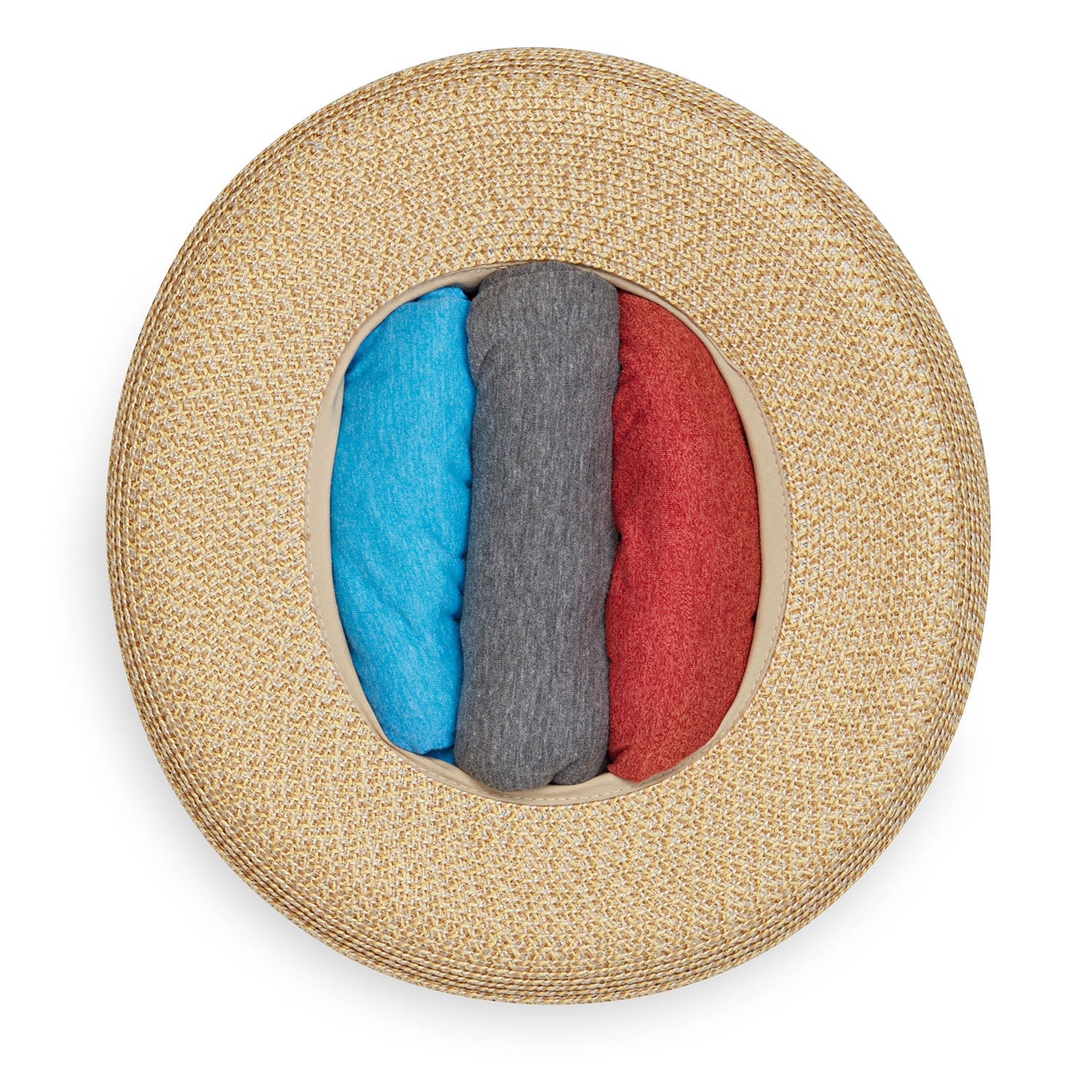 Packing View of Women's Natural Ameila Wide Brim UPF Sun Cap for ladies from Wallaroo