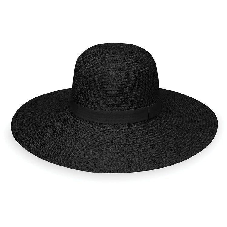 Womens Sun Protection Ribbon Straw Hat With Wide Brim, Black And