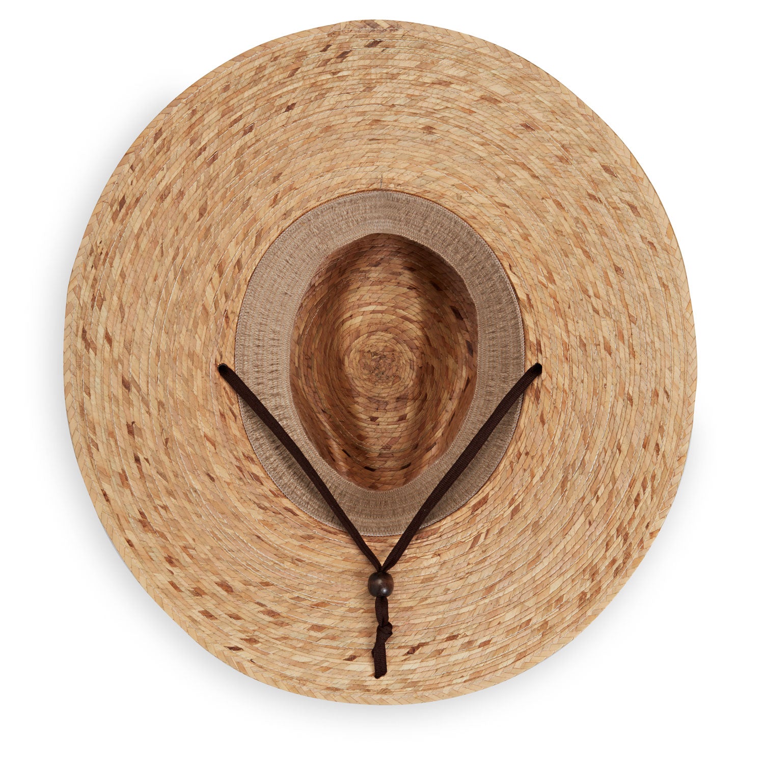 Inside of Wide Brim Fedora Style Baja Camel UPF Straw Sun Hat with Chinstrap from Wallaroo