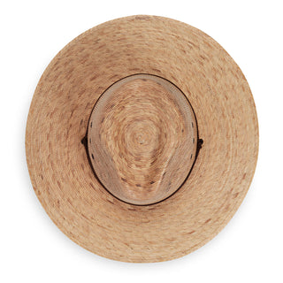 Top of Wide Brim Fedora Style Baja UPF Sun Hat with Chinstrap in Camel from Wallaroo