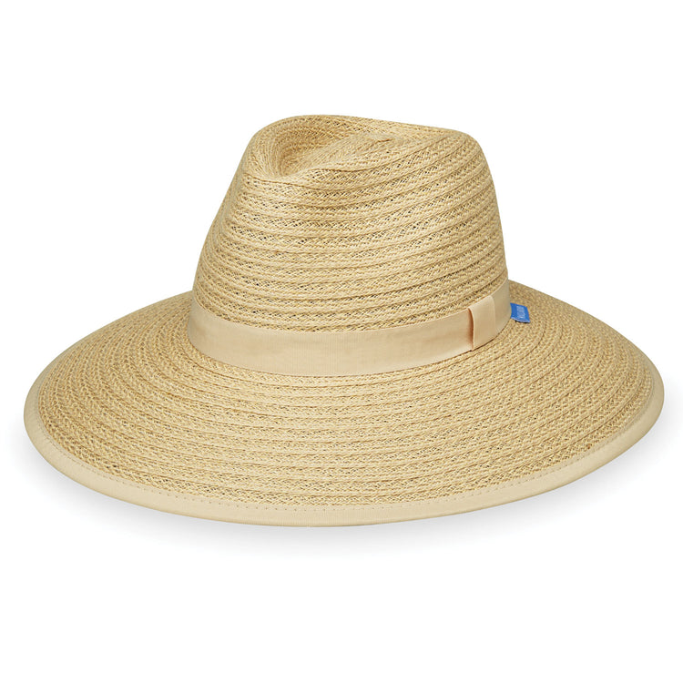 The Bali; a Packable Women's Wide Brim Fedora Style UPF Natural straw sun hat from Wallaroo