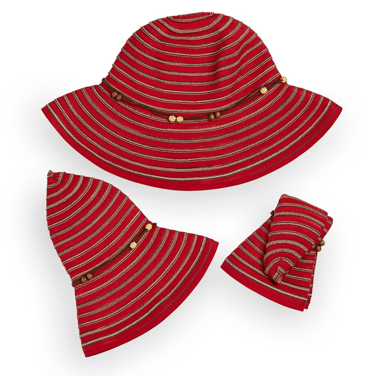 Ladies Big Wide Brim UPF Breton Summer Sun Hat in Red Folded for Packing in Red