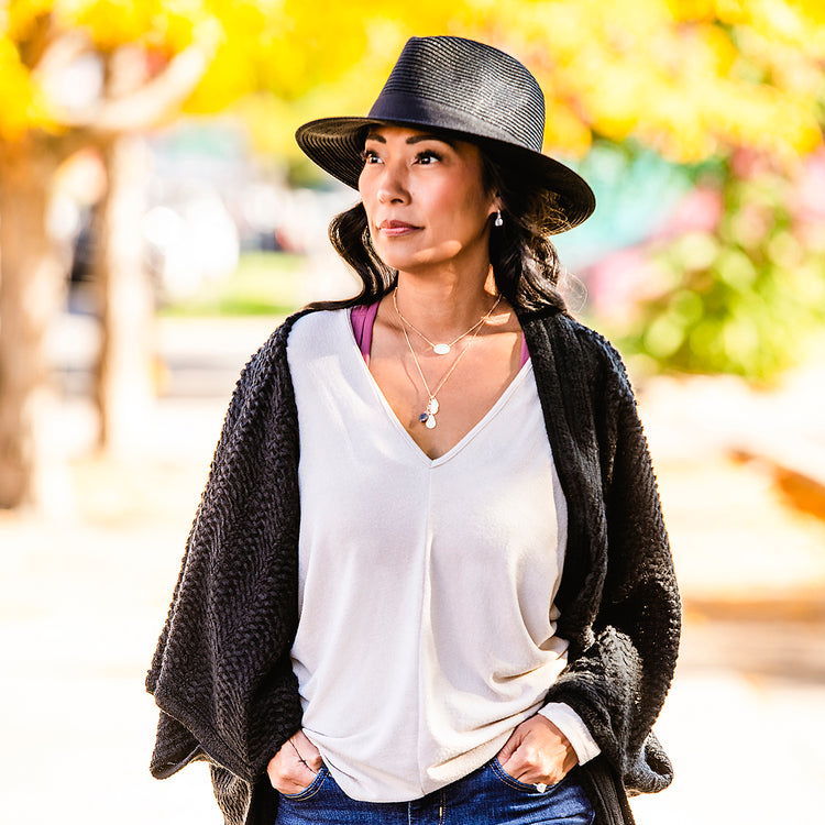 Woman wearing UPF Packable Fedora Style Palm Beach Sun Hat by Carkella