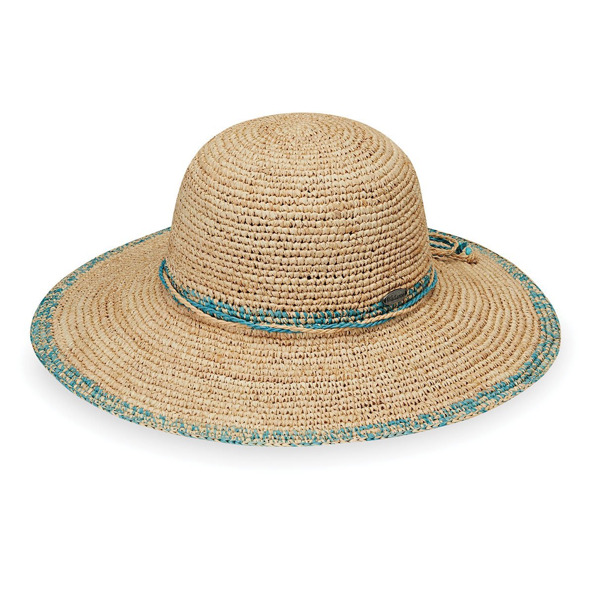 Featuring View of Wide Brim Crown Style Camille Raffia Sun Hat in Turquoise from Wallaroo