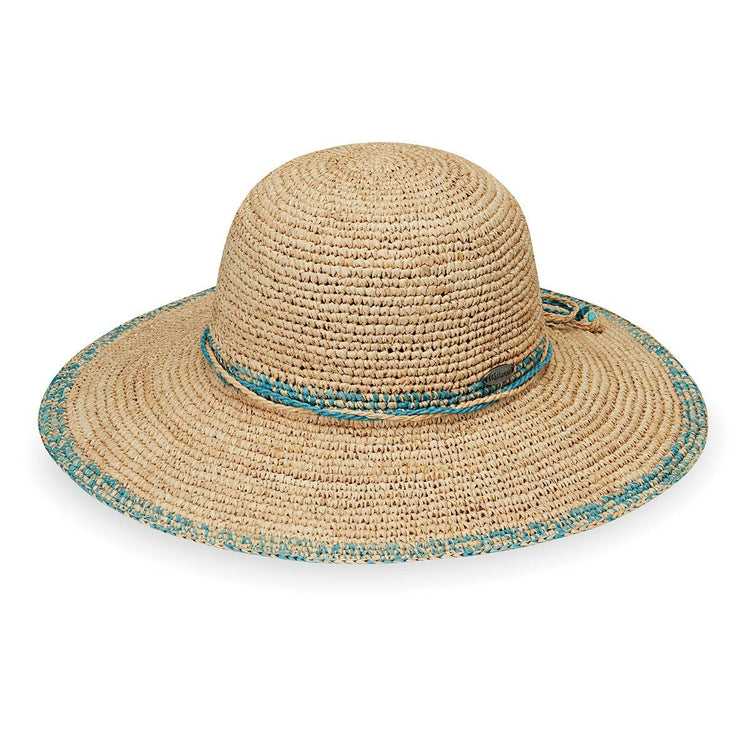 View of Wide Brim Crown Style Camille Raffia Sun Hat in Turquoise from Wallaroo