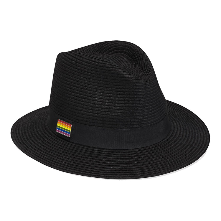 View of the Pride Flag Metal Enameled Emblem placed on a Black Palm Beach Fedora from Carkella by Wallaroo