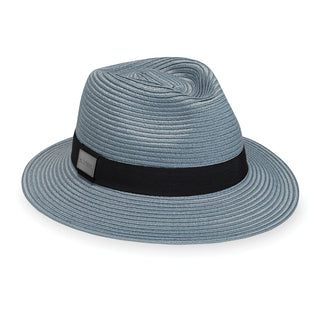 Front of Packable Unisex Fedora Style Fairway UPF Sun Hat in Blue from Carkella by Wallaroo