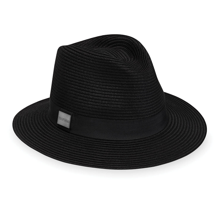 Front of Unisex Packable Fedora Style Palm Beach UPF Sun Hat in Black from Carkella by Wallaroo