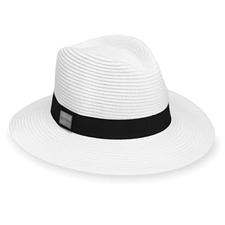 Front of Packable Fedora Style Palm Beach UPF Sun Hat in White from Carkella by Wallaroo