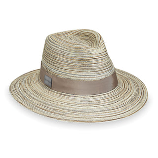 Front of Packable Unisex Sydney Fedora Style UPF Sun Hat in Light Brown from Carkella by Wallaroo