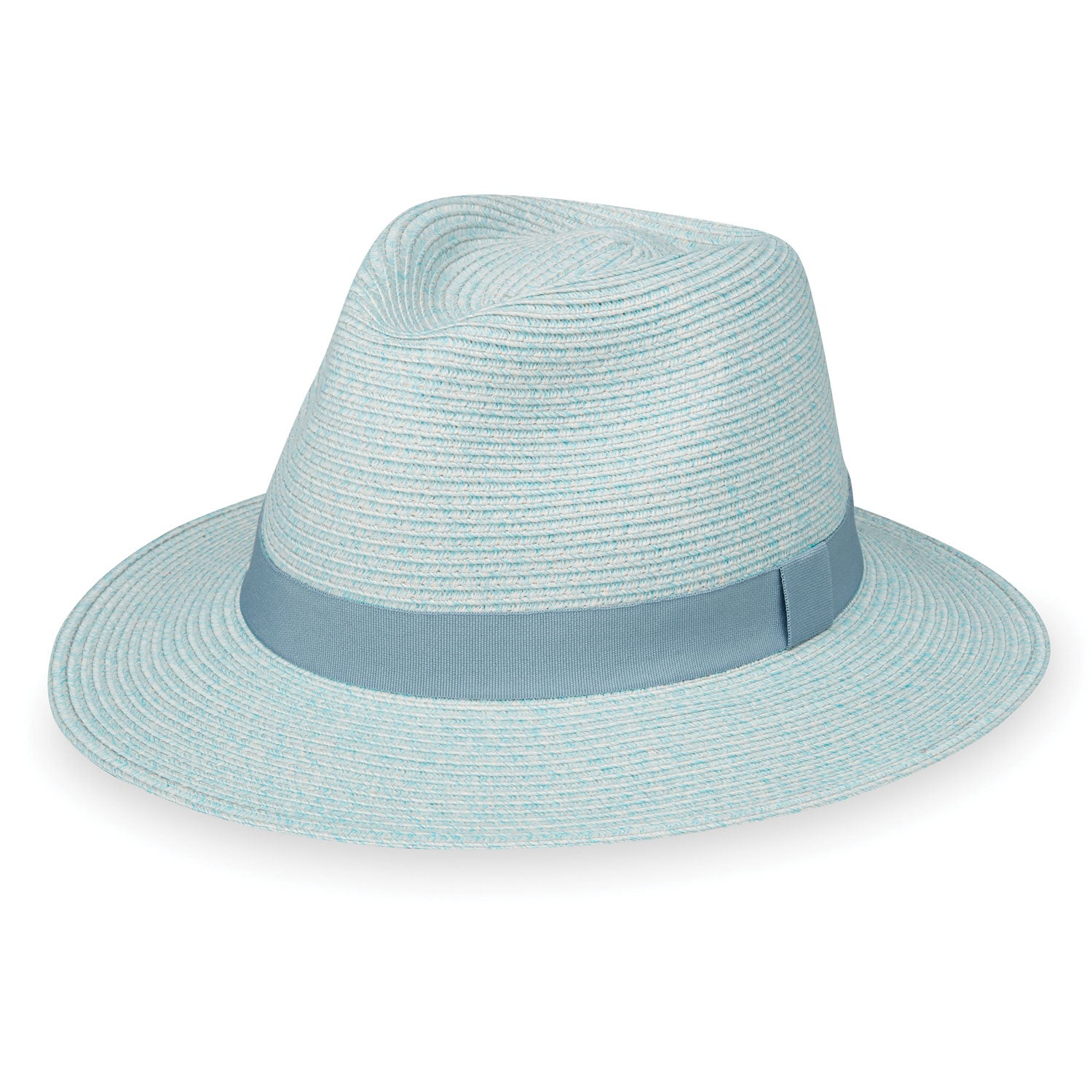 Featuring Front of Packable Caroline Fedora Style UPF Sun Hat in Sky Blue from Wallaroo