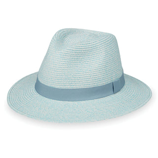 Front of Packable Caroline Fedora Style UPF Sun Hat in Sky Blue from Wallaroo