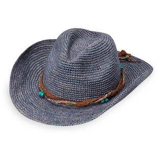 Angled View of the Catalina Cowboy Natural Madagascar Raffia Sun Hat in Dusty Blue from Wallaroo