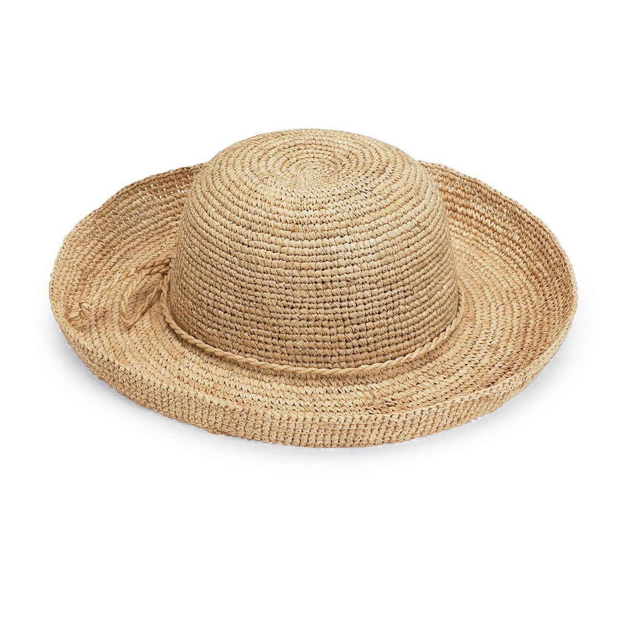 Featuring Angled View of the Catalina Natural Raffia Wide Brim Crown Style Sun Hat in Natural from Wallaroo