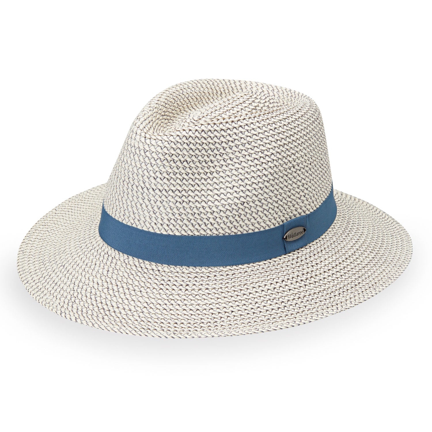 Featuring Front of Charlie UPF Fedora Style Packable Sun Hat in Ivory/Dusty Blue from Wallaroo