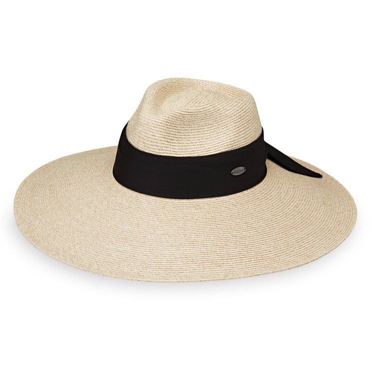 Front of Big Wide Brim Fedora Style Elise Summer Sun Hat in White Beige from Wallaroo, White Beige w/black scarf