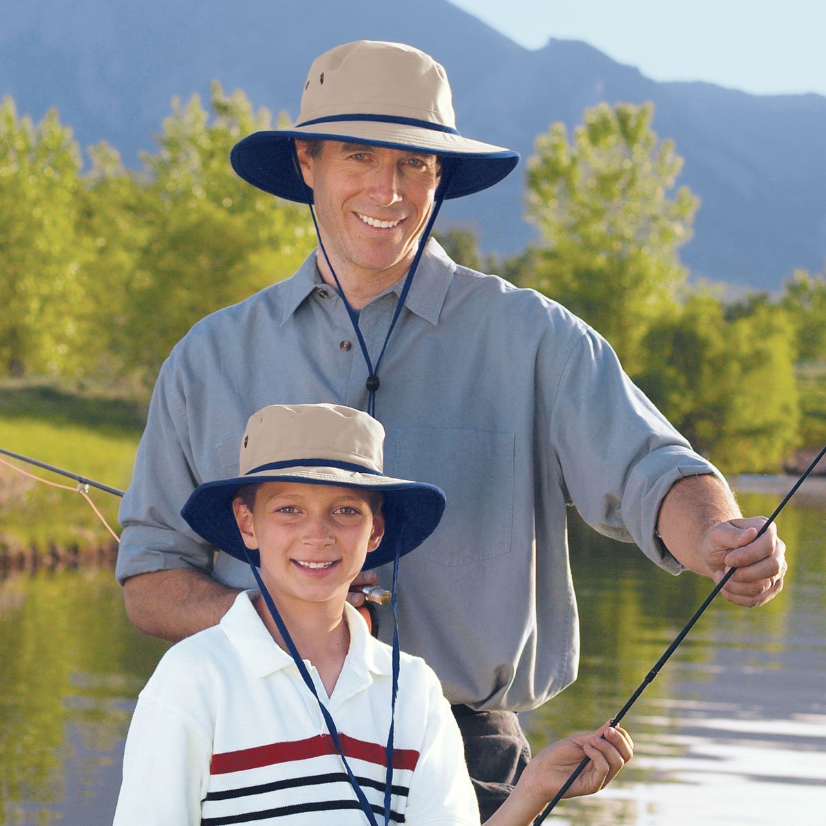 Father and Son Wearing Explorer Bucket Style UPF Sun Hat with Chinstrap in from Wallaroo, Camel/Navy