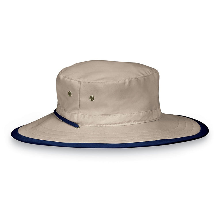 Explorer Men's Microfiber Bucket Style UPF Sun Hat with Chinstrap in Camel Navy from Wallaroo