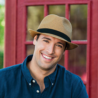 Man Wearing Fedora Style Justin Paper Braid Sun Hat in Natural from Wallaroo
