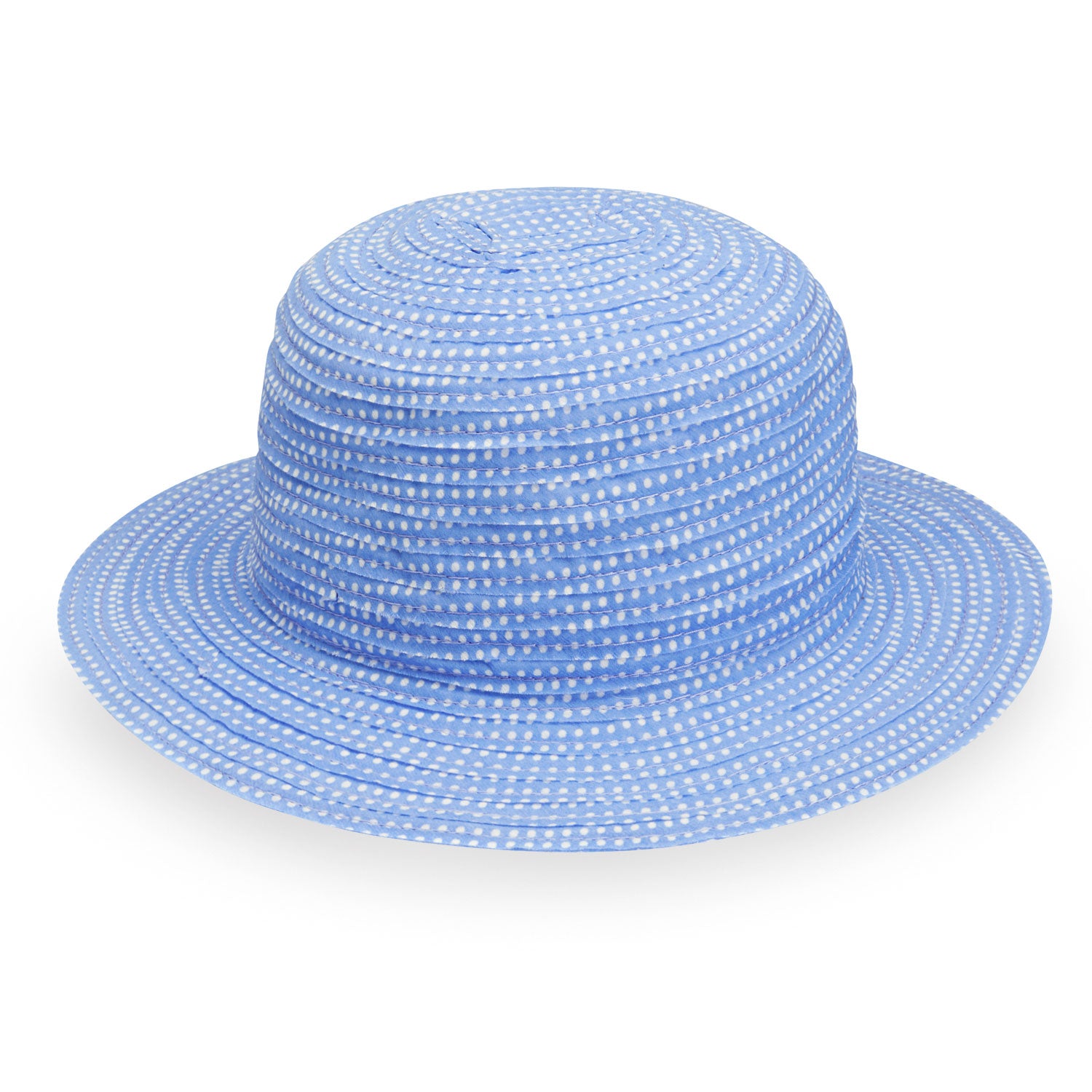 Featuring Front of Packable Kid's Scrunchie Wide Brim Crown Style UPF Sun Hat in Hydrangea White from Wallaroo