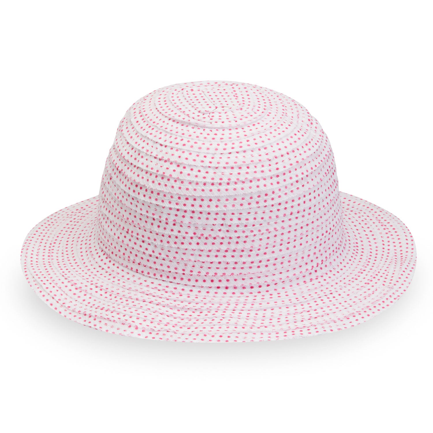 Featuring Front of Packable Kid's Scrunchie Wide Brim Crown Style UPF Sun Hat in White/Fuchsia dots White from Wallaroo