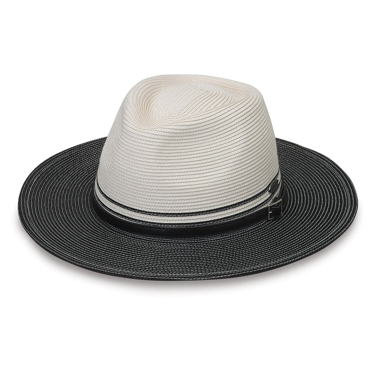 Front of Women's Packable UPF Fedora Style Kristy Sun Hat in Ivory Black from Wallaroo