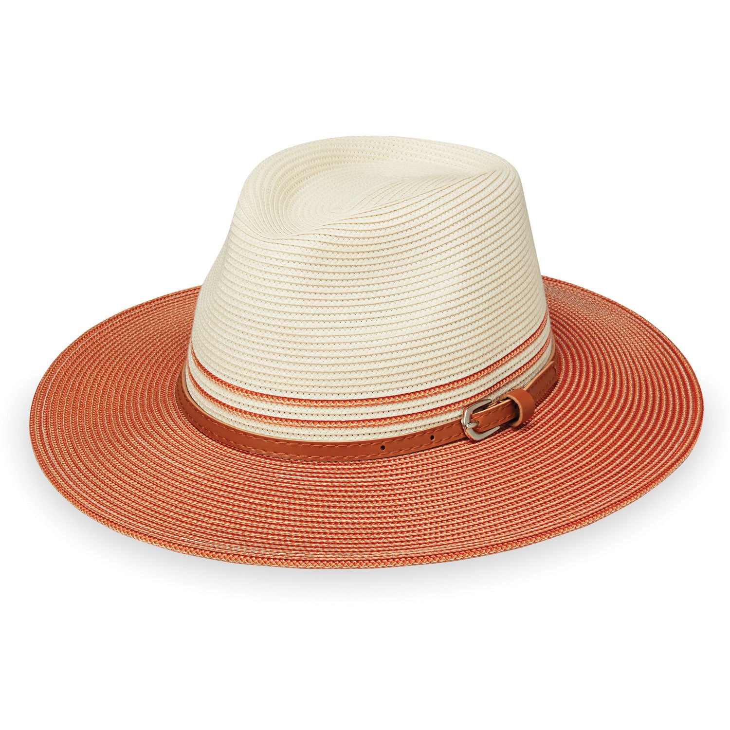 Front of Women's Packable UPF Fedora Style Kristy Sun Hat in Ivory/Coral from Wallaroo