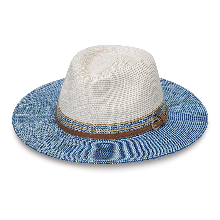 Front of Women's Packable UPF Fedora Style Kristy Sun Hat in Ivory Ice Blue from Wallaroo