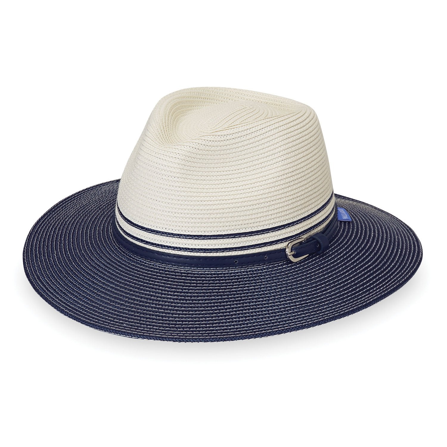 Featuring Front of Women's Packable UPF Fedora Style Kristy Sun Hat in Ivory Navy from Wallaroo